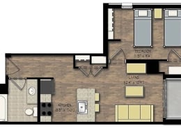 Two beds kitchen living area floor plan at City View Apartments in Madison Student Accommodation