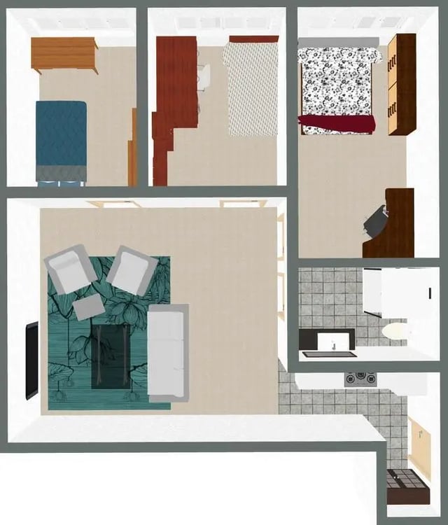 Two beds desks wardrobe kitchen living room bedroom at 130 EASTON in New Brunswick Student Accommodation