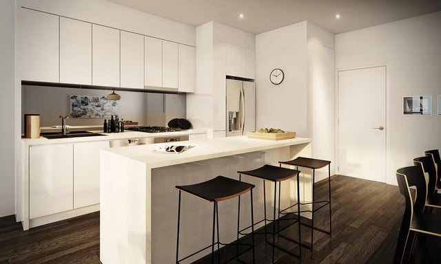 Modern kitchen with island and bar stools kitchen at 130 EASTON in New Brunswick Student Accommodation
