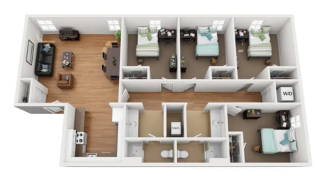 Living area with kitchen study and bedrooms floor plan at East Village at WCU in West Chester Student Accommodation