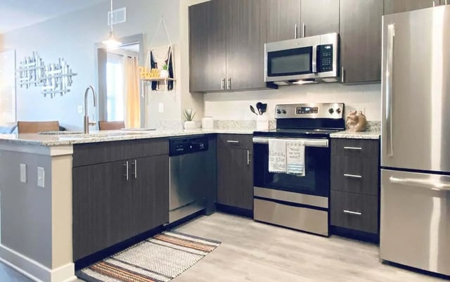 Modern kitchen with stainless steel appliances and cabinets kitchen at Cedar Pointe Apartments in Blacksburg Student Accommodation