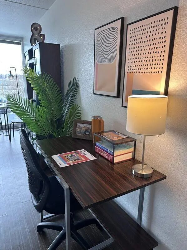 Desk with lamp plant and artwork study area at Assembly Student Living in Denver Student Accommodation