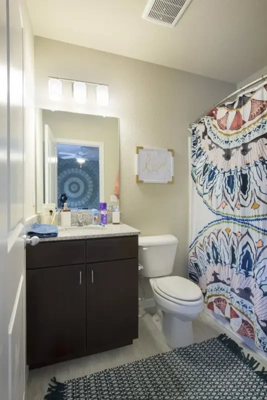 Vanity toilet shower curtain patterned rug bathroom at Annex in Oxford Student Accommodation