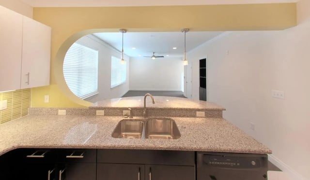 Double sink counter with cabinets and living room kitchen at Deco '39 Luxury Apartments in Gainesville Student Accommodation