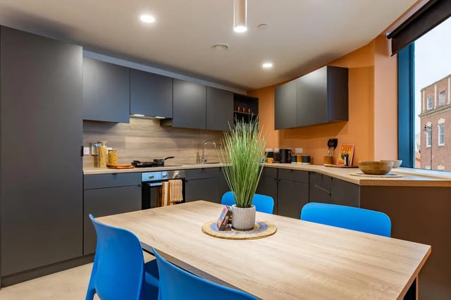 Dining table blue chairs plant kitchen at Croft Court in Bristol Student Accommodation