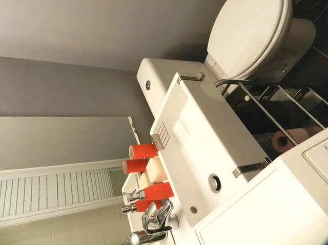 Sink toilet soap dispenser roll holder bathroom at Studio in Rue de Dantzig, 75015 Paris, France in Paris Student Accommodation