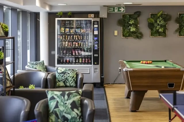 Vending machine pool table chairs common area at Belgrave View in Birmingham Student Accommodation