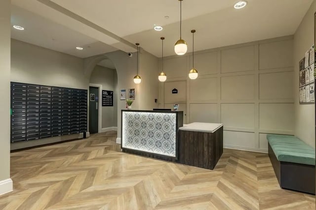 Mailboxes reception desk bench lobby at Chamberlain Place in Birmingham Student Accommodation