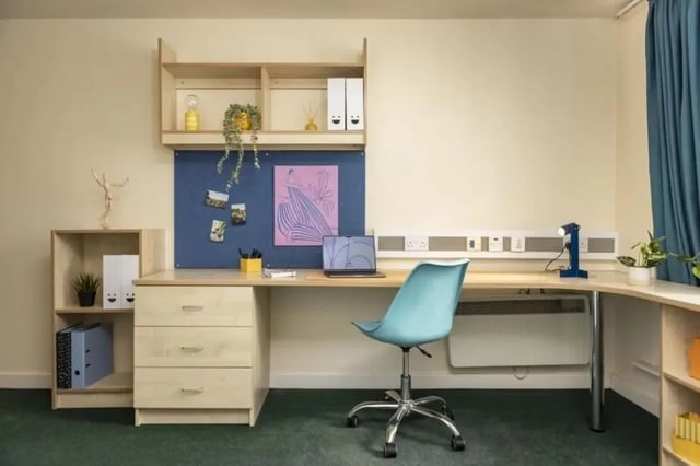 Desk chair laptop shelves and plants study area at Burley Road in Leeds Student Accommodation
