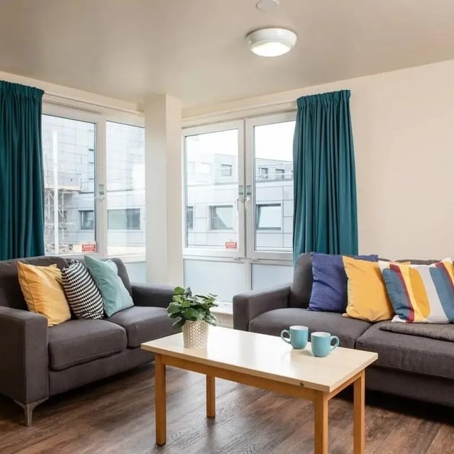 Two sofas coffee table mugs plant living room at Burley Road in Leeds Student Accommodation