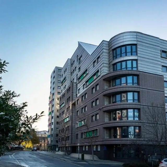 Modern apartment building with curved windows exterior at Burley Road in Leeds Student Accommodation