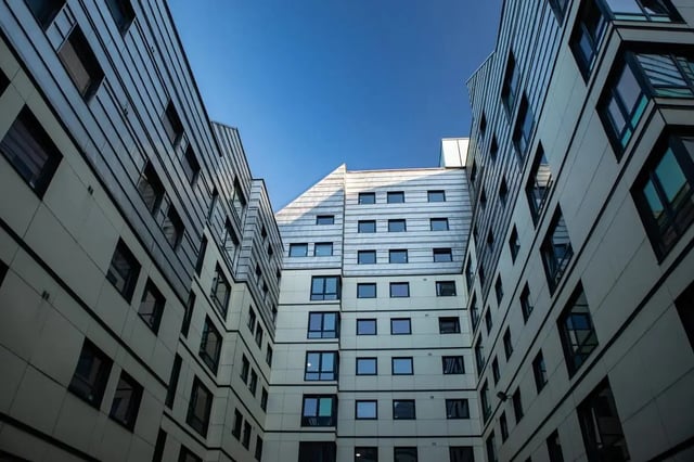 Modern apartment buildings with many windows exterior at Burley Road in Leeds Student Accommodation