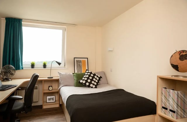 Desk bed fan globe storage bedroom at Burley Road in Leeds Student Accommodation