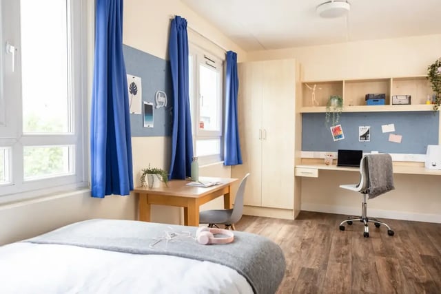 Bed desk wardrobe and chair student accommodation bedroom at Mcmillan student Village in Greenwich Student Accommodation