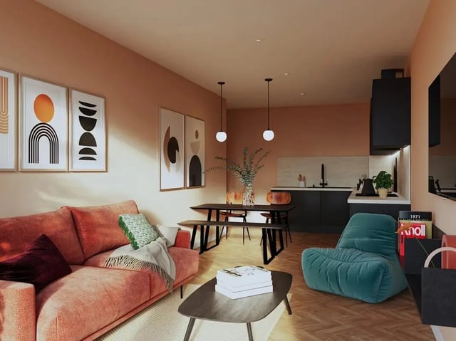 Sofa dining table kitchen beanbag living room at Norton's Student Living in Edinburgh Student Accommodation