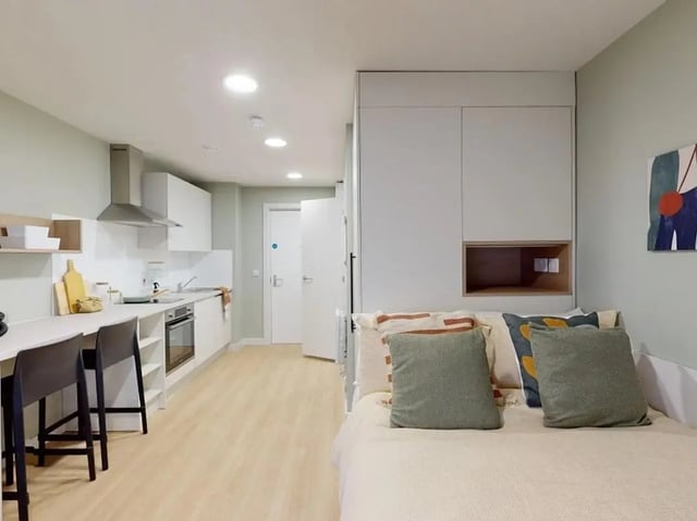 Bed with pillows kitchen area with cabinets study area at Norton's Student Living in Edinburgh Student Accommodation