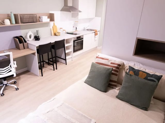 Bed desk kitchen modern studio apartment at Norton's Student Living in Edinburgh Student Accommodation