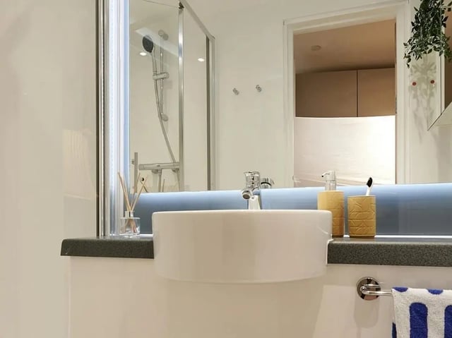 Sink shower and toiletries bathroom at View Studios in London Student Accommodation