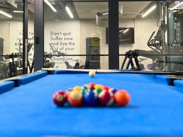 Billiard balls on blue table gym interior Image at View Studios in London Student Accommodation