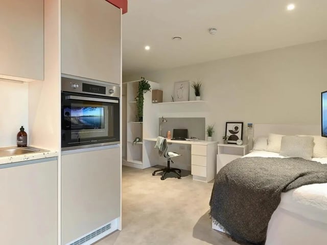 Oven sink study desk bed room at View Studios in London Student Accommodation