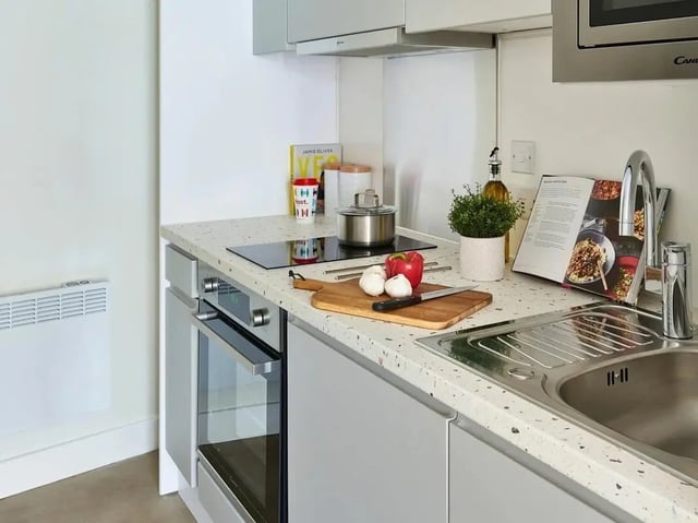Countertop with ingredients oven and sink kitchen at View Studios in London Student Accommodation