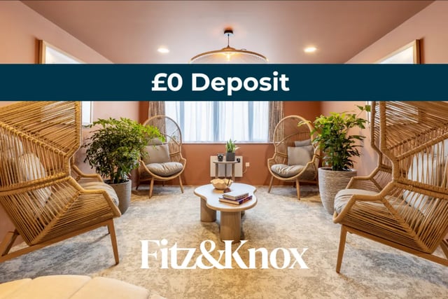 Wicker chairs coffee table plants £0 Deposit living room at Fitz and Knox in Cardiff Student Accommodation