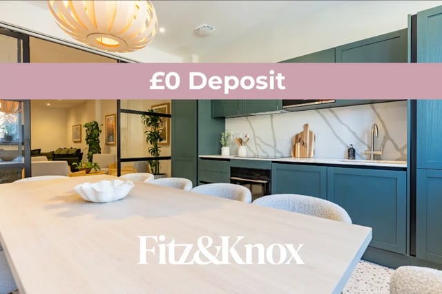 Dining table chairs kitchen with green cabinets kitchen at Fitz and Knox in Cardiff Student Accommodation