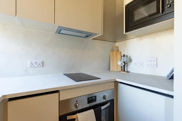 Modern kitchen with microwave oven cutting board kitchen at Fitz and Knox in Cardiff Student Accommodation