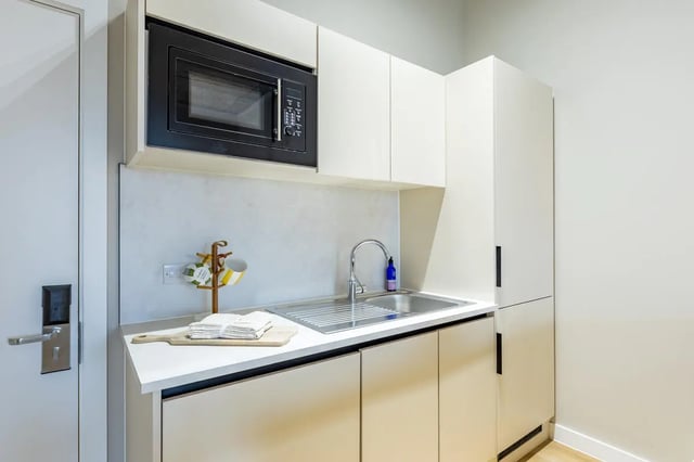 Microwave sink and cabinets kitchen area at Fitz and Knox in Cardiff Student Accommodation