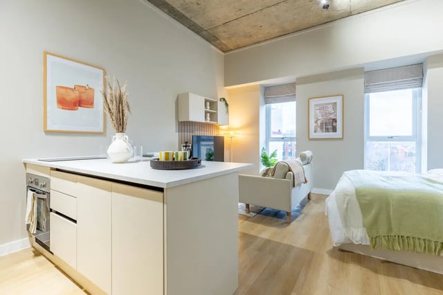 Kitchen counter sofa and bed studio apartment at Fitz and Knox in Cardiff Student Accommodation