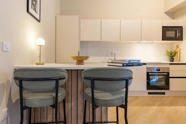 Two stools on counter with microwave oven kitchen at Fitz and Knox in Cardiff Student Accommodation