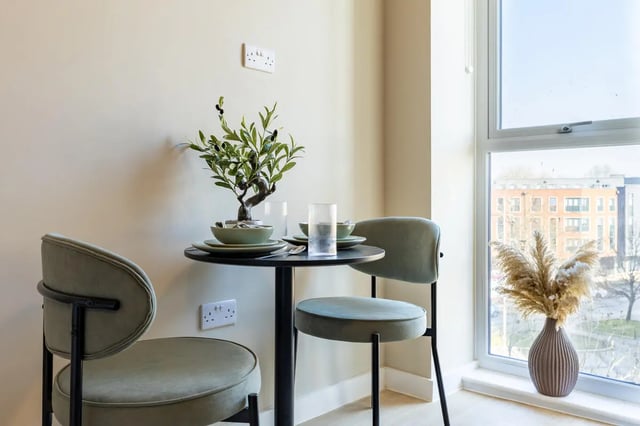 Table chairs plant and vase dining area at Fitz and Knox in Cardiff Student Accommodation