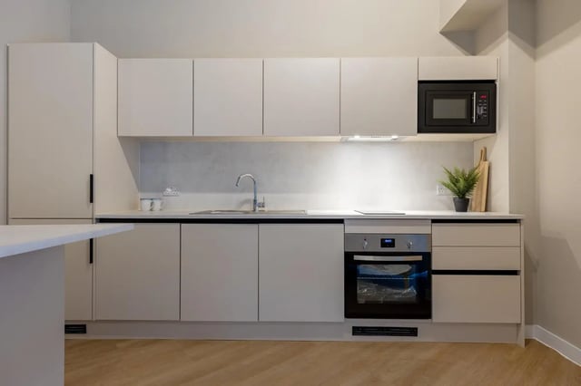 Modern kitchen with microwave oven sink kitchen at Fitz and Knox in Cardiff Student Accommodation