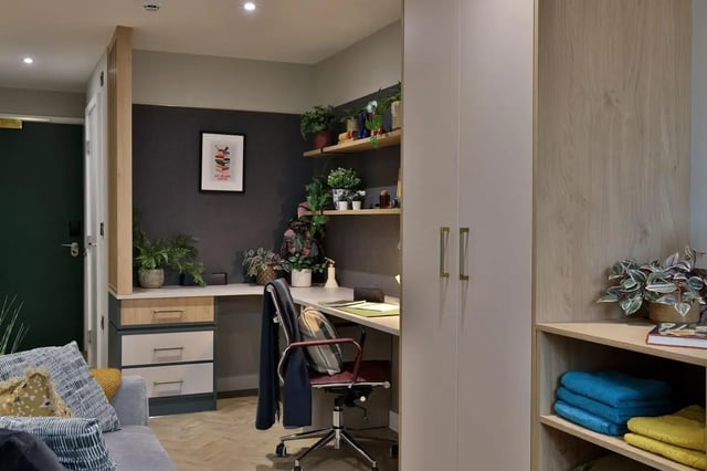 Desk chair plants shelves and wardrobe study area at London Road Apartments in Southampton Student Accommodation
