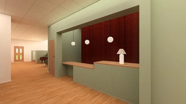 Reception desk with lamps and pendant lights reception area at St James Glasgow in Glasgow Student Accommodation