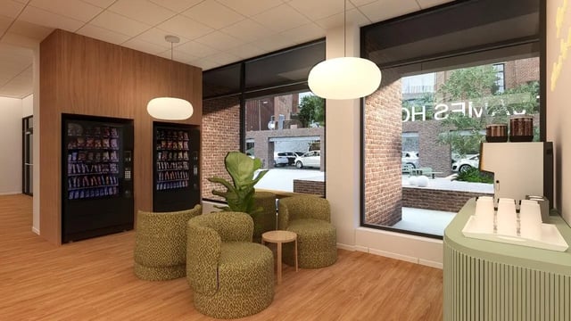 Vending machines plant seating and coffee station lounge at St James Glasgow in Glasgow Student Accommodation