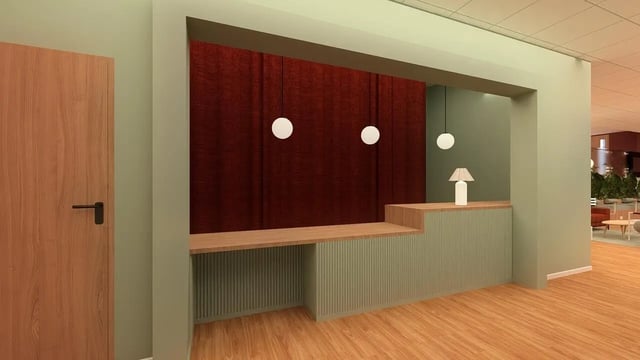 Reception desk with wooden counter and lamp lobby area at St James Glasgow in Glasgow Student Accommodation