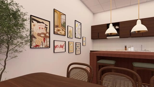 Artwork on wall dining chairs and kitchen counter kitchen at St James Glasgow in Glasgow Student Accommodation
