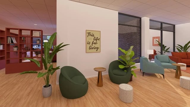 Green chairs gold table plant poster living room at St James Glasgow in Glasgow Student Accommodation