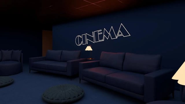 Dark blue couches floor cushions cinema room living room at St James Glasgow in Glasgow Student Accommodation