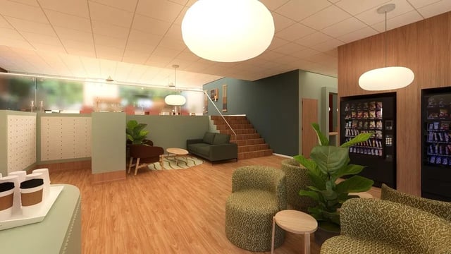 Vending machines couches stairs lobby area living room at St James Glasgow in Glasgow Student Accommodation