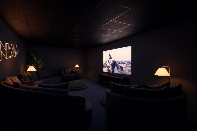 Dark cinema room with couches and large screen Cinema Area at St James Glasgow in Glasgow Student Accommodation