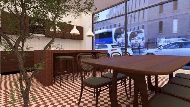 Dining table chairs kitchen bar stools with tree living area at St James Glasgow in Glasgow Student Accommodation