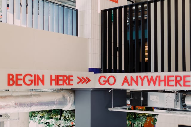 Signage with text begin here go anywhere Interior at Vita Student Bruce Street in Belfast Student Accommodation