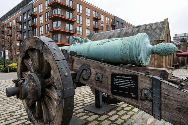 Cannon on display exterior apartment building at Press House in London Student Accommodation