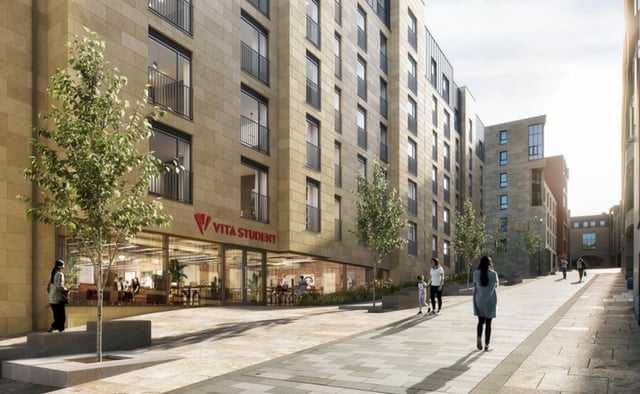Vita Student building with trees and people exterior at Vita Student New Waverley in Edinburgh Student Accommodation