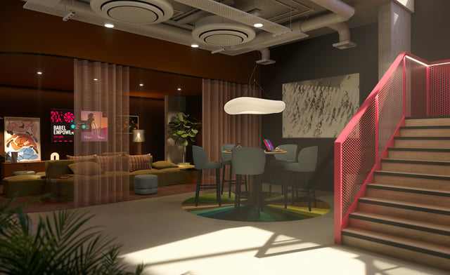 Seating area with table bar stools lounge and stairs lounge at Vita Student New Waverley in Edinburgh Student Accommodation