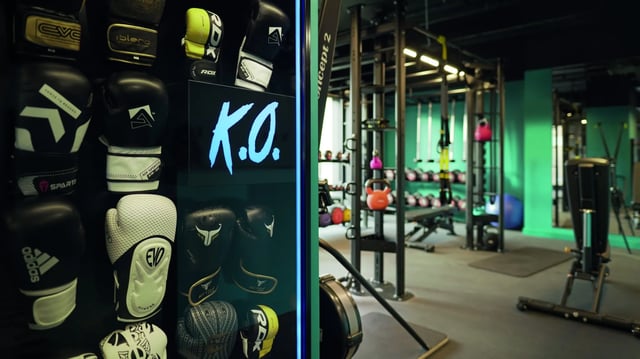 Boxing gloves and gym equipment playing area at Vita Student Lewisham Exchange in London Student Accommodation