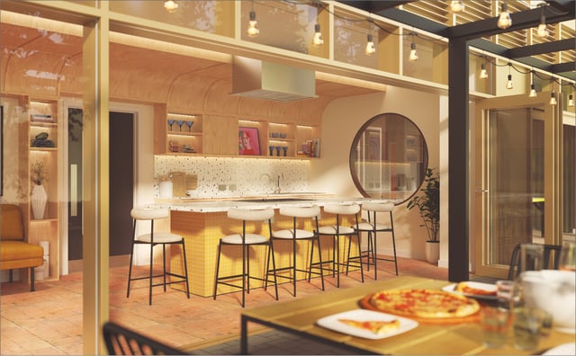 Modern kitchen with island bar and seating kitchen at Vita Student Leazes Park in Newcastle Upon Tyne Student Accommodation