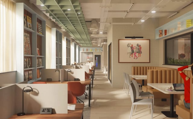 Study desks with lamps and bookshelves learning area at Vita Student Leazes Park in Newcastle Upon Tyne Student Accommodation